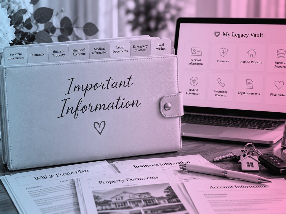 An &ldquo;Important Information&rdquo; organiser with will, insurance and property documents