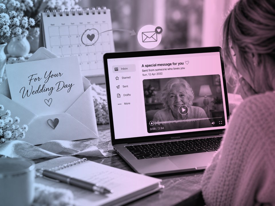 A &ldquo;For Your Wedding Day&rdquo; card beside a laptop playing a video message